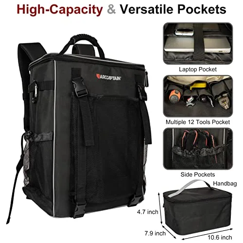 ARCCAPTAIN Welding Tool Bag Backpack, Large Capacity, Helmet Holder, Black image 6