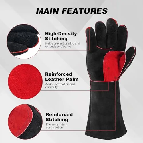 ARCCAPTAIN 16-Inch Leather Welding Gloves for Men & Women, Black-Red, L image 6