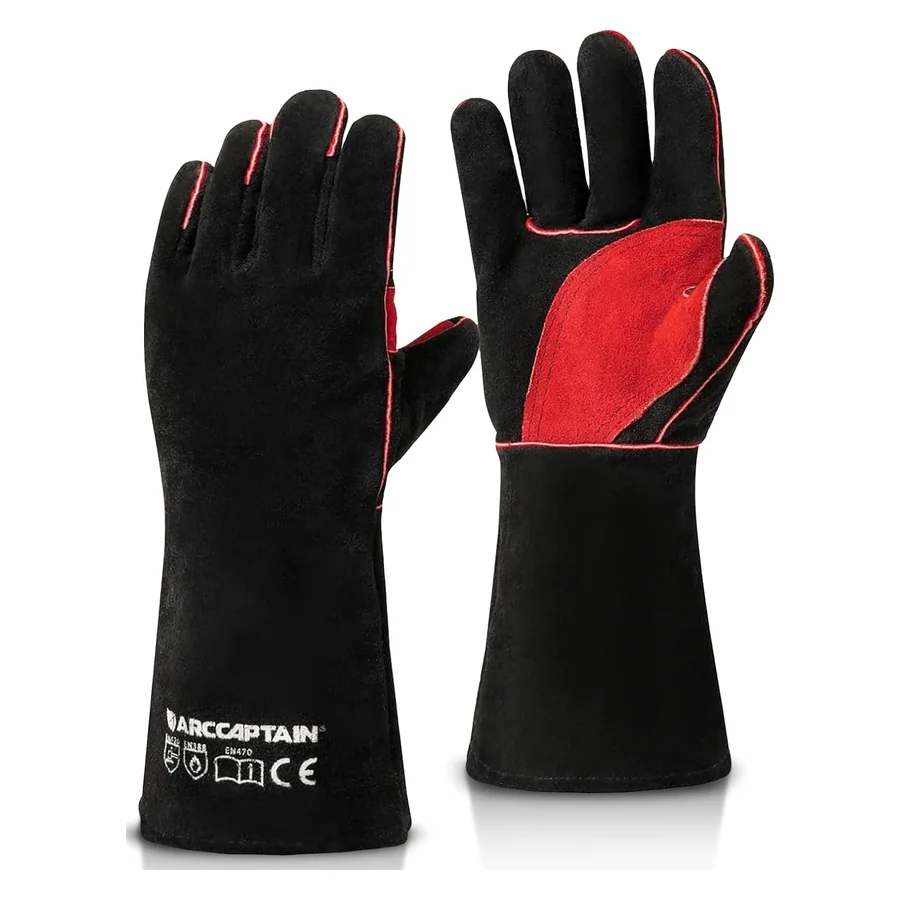ARCCAPTAIN 16-Inch Leather Welding Gloves for Men & Women, Black-Red, L