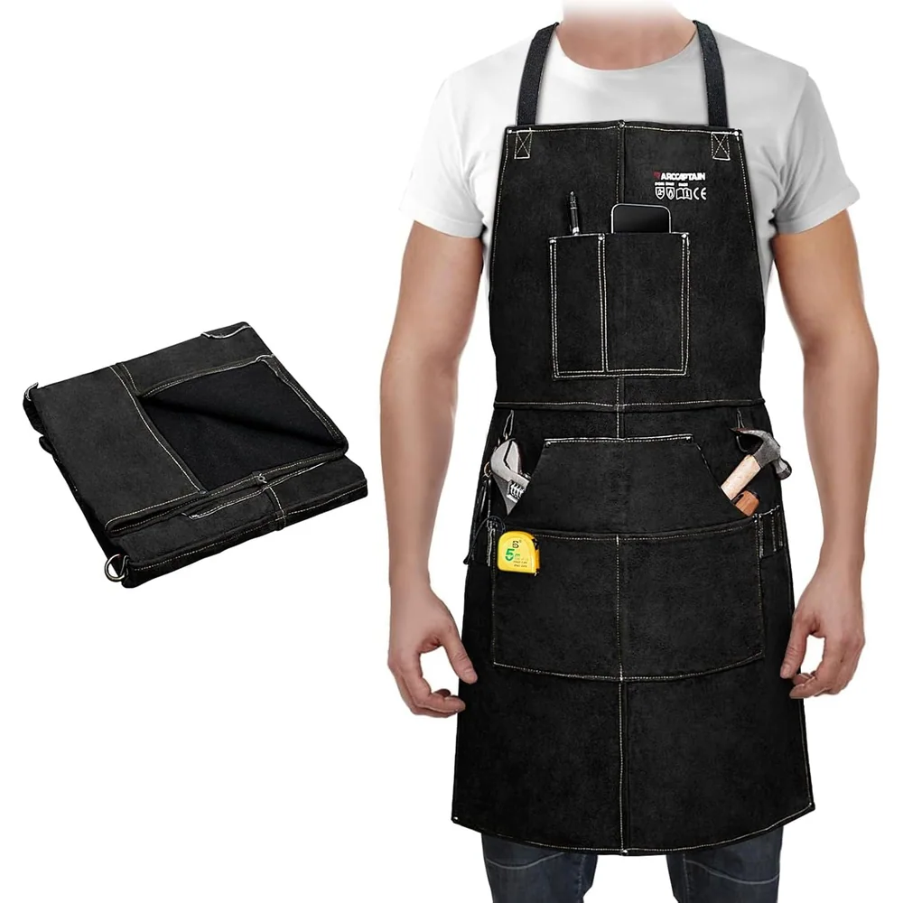 ARCCAPTAIN Welding Work Apron 24" X 36" Heat Flame Resistant Cowhide Blacksmith Leather Aprons with 6 Tool Pockets for Welders Men Women, Adjustable M to XXXL-Black product details