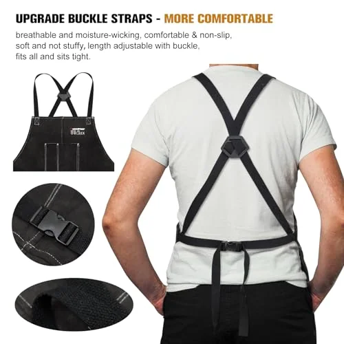 ARCCAPTAIN Welding Work Apron 24" X 36" Heat Flame Resistant Cowhide Blacksmith Leather Aprons with 6 Tool Pockets for Welders Men Women, Adjustable M to XXXL-Black product details