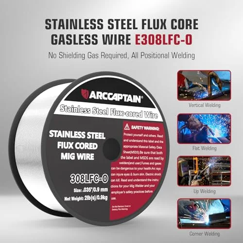ARCCAPTAIN Stainless Steel Flux Cored Wire E308LFC-O .035-Diameter MIG Welding Wire Stainless Steel Wire with Low Splatter Compatible With Lincoln Miller Forney Harbor MIG Welder 2-Pound product details