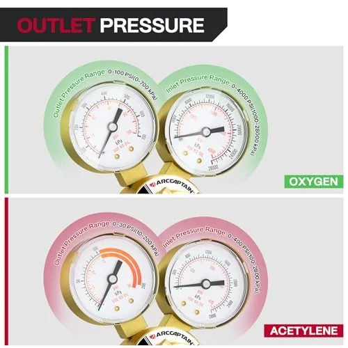 ARCCAPTAIN Small Oxygen Acetylene Regulator Set, CGA 540 and CGA 200 Fit Outlet Thread 9/16"-18 Hose B-Size and 1/4" Hose image 4