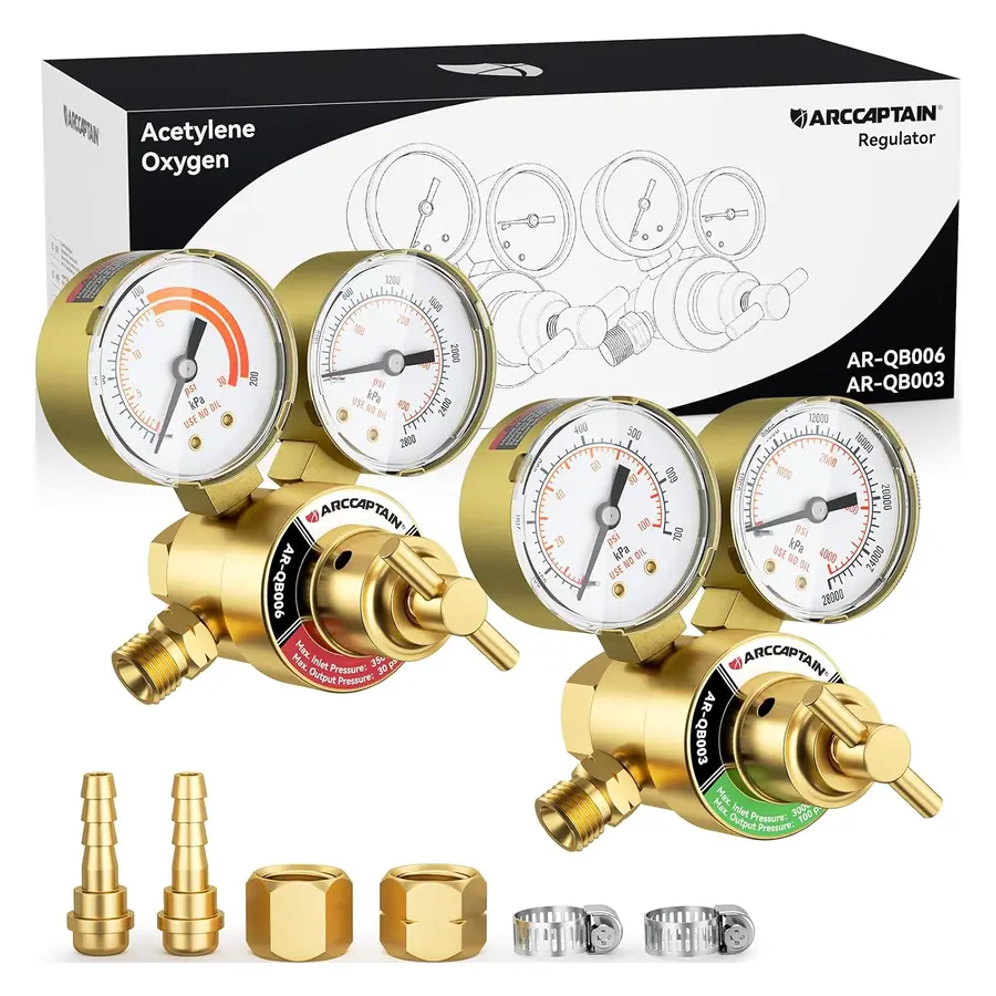 ARCCAPTAIN Small Oxygen Acetylene Regulator Set, CGA 540 and CGA 200 Fit Outlet Thread 9/16"-18 Hose B-Size and 1/4" Hose