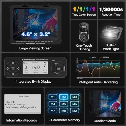 ARCCAPTAIN Premium Auto-Darkening Welding Helmet, 4.6" x 3.2" Large Screen product details