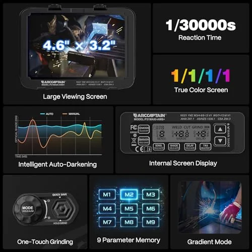 ARCCAPTAIN Intelligent Auto-Darkening Welding Helmet, 4.6" x 3.2" Screen product details